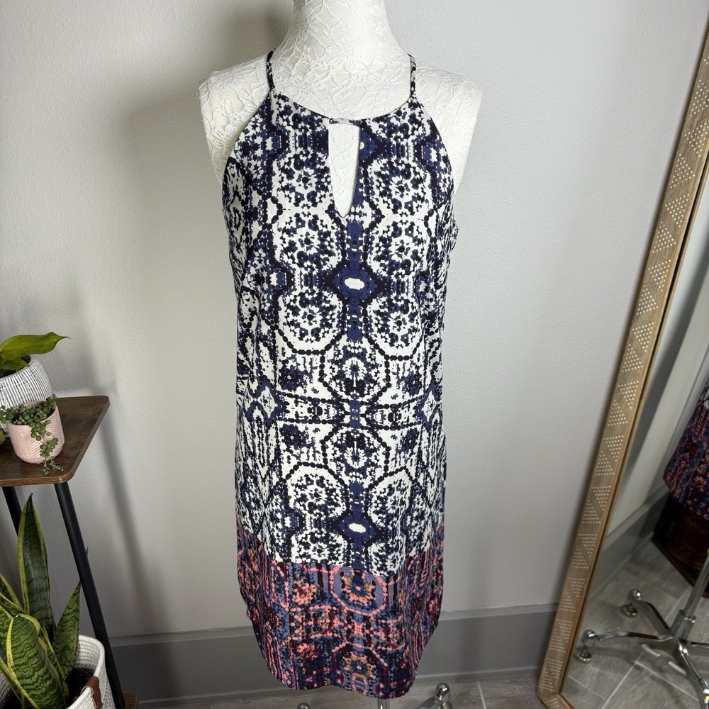 Renee C Womens S White Blue Shift Dress Boho Chic Keyhole Halter Neck Polyester